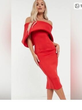 ASOS DESIGN NWT Fold Front Bardot Midi Pencil Dress Hot Red Bodycon Size 0